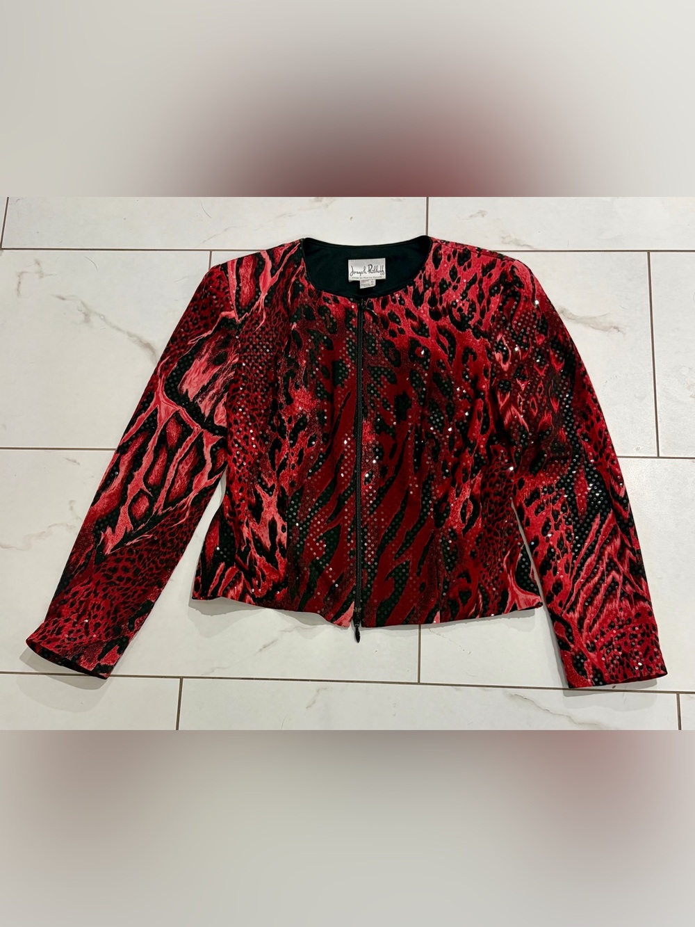 Joseph Ribkoff Red and Black Sequin Animal-Print Zip Jacket 8